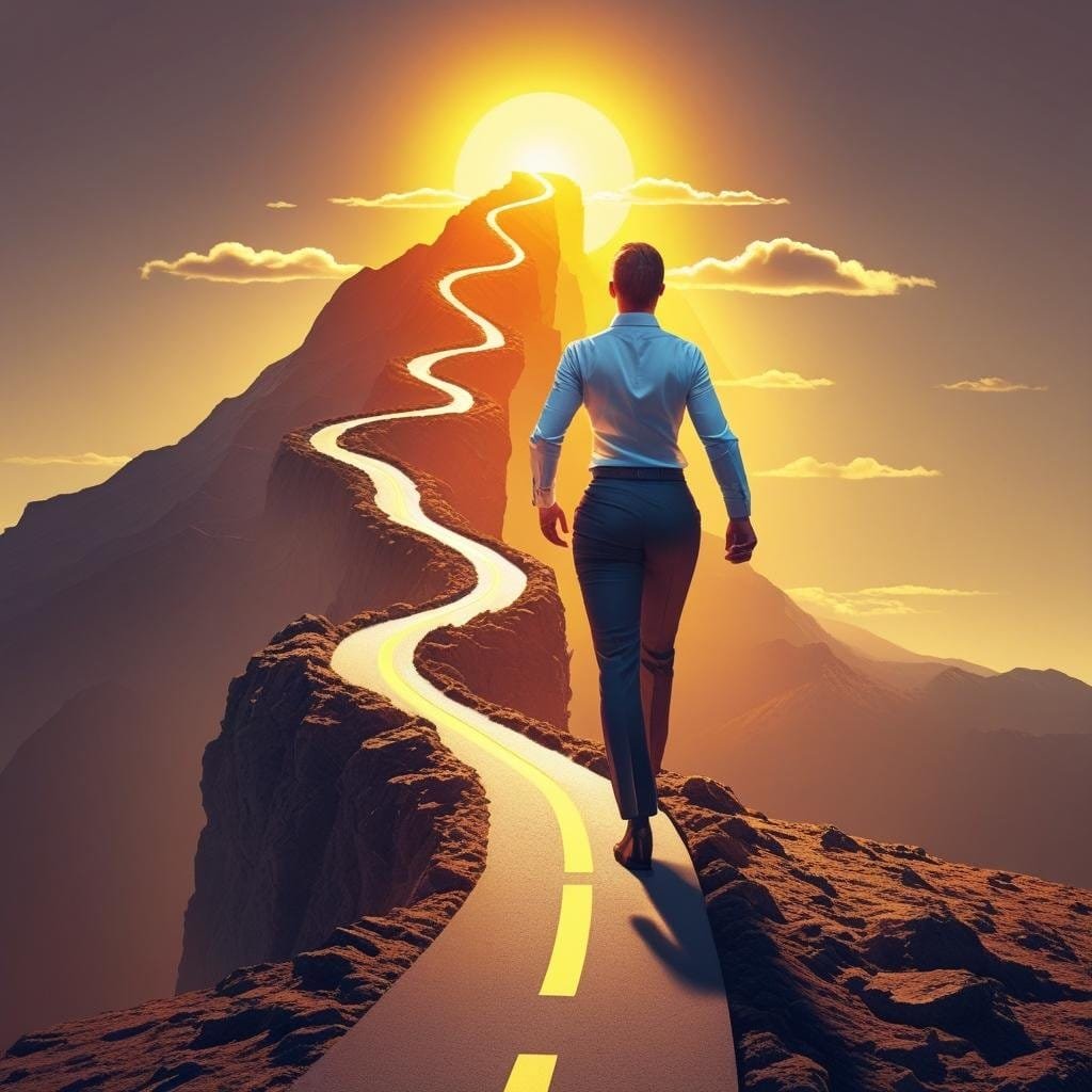 Determined professional walking up a winding mountain path towards a bright sunrise, symbolizing a successful mid-career pivot and overcoming challenges.